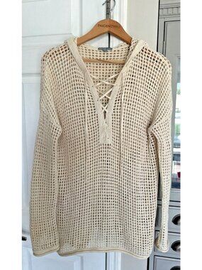 James Perse Sz 3/L Cream Open Knit Lace V-Neck Linen Blend Long Sleeve Top